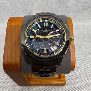 Casio Oceanus Black and Gold Watch with Blue Dial